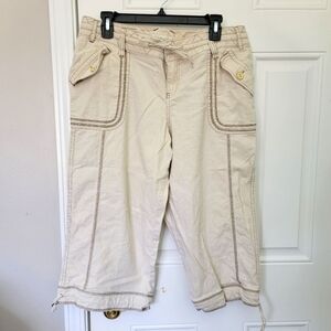 Lane Bryant Linen Cotton Blend Crop Pants Contrast Stitch Tan Pockets Size 14